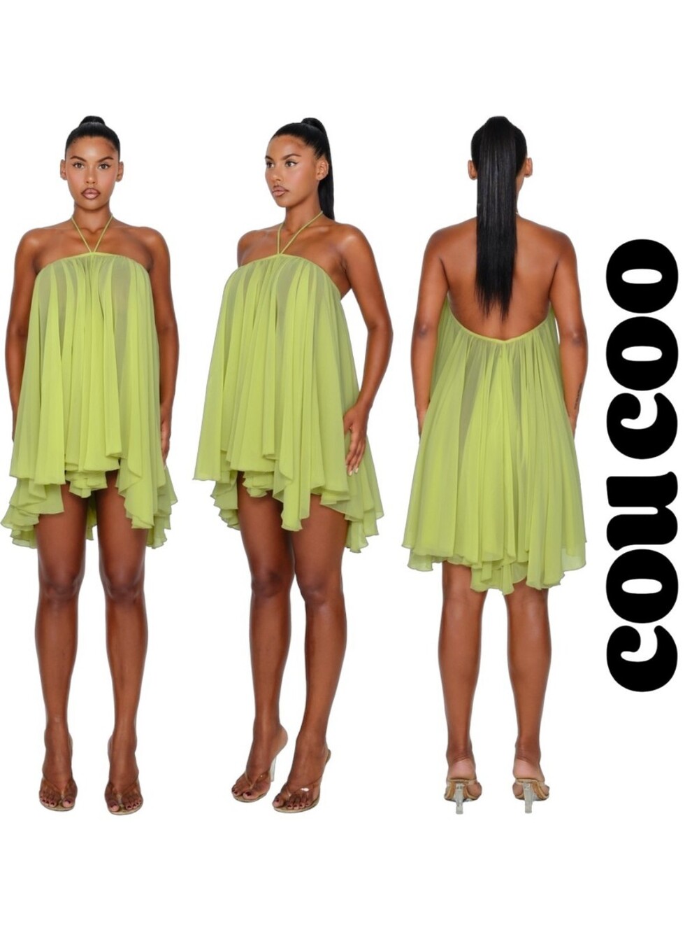 COUCOO Thar Dress Chiffon Halter Mini Flowy Dress - Mojito Green